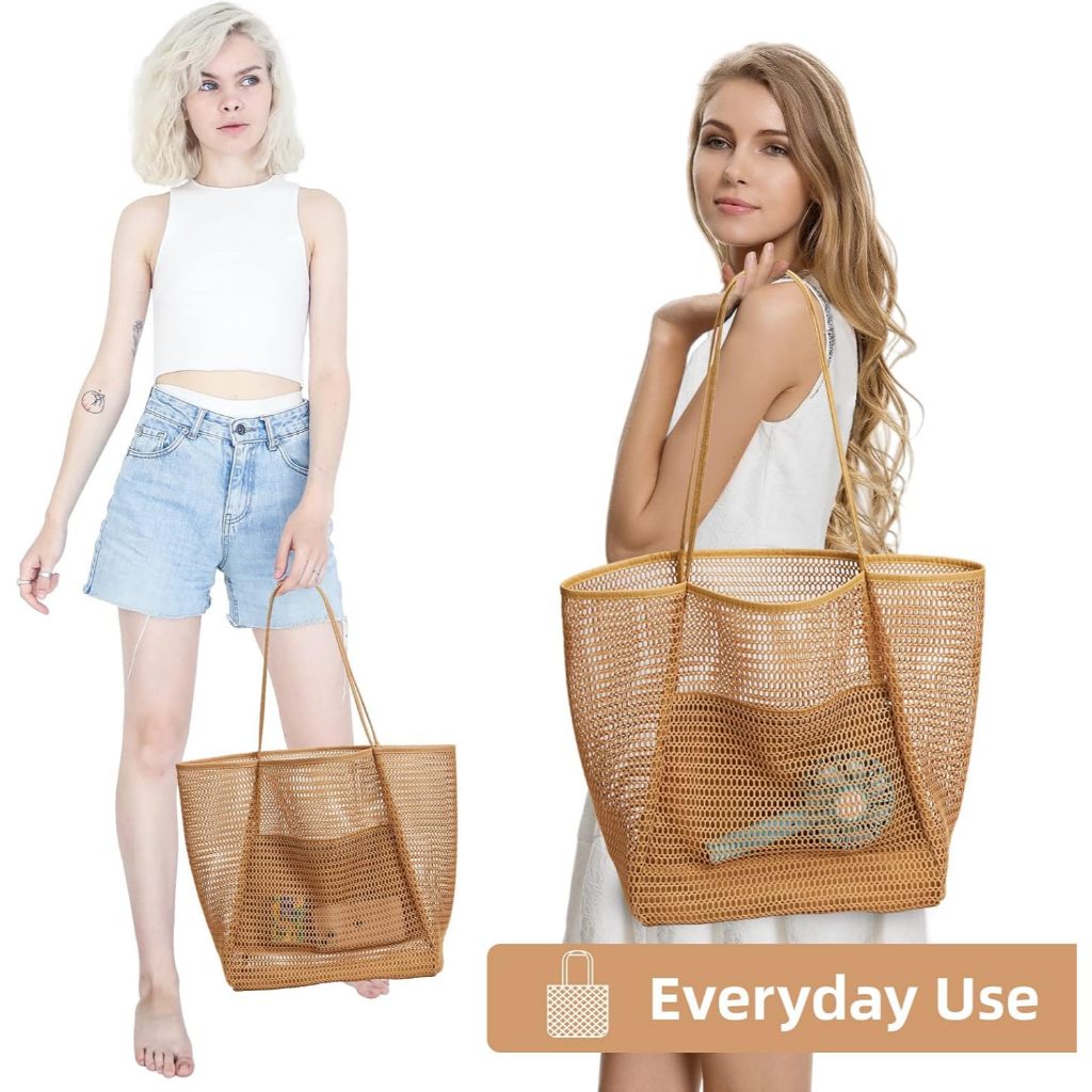 Bolsa Tote De Malha De Nylon De Praia , Sacola Casual Hobo Feminina Dobrável MAX 23L De Ombro Para Férias De Piquenique