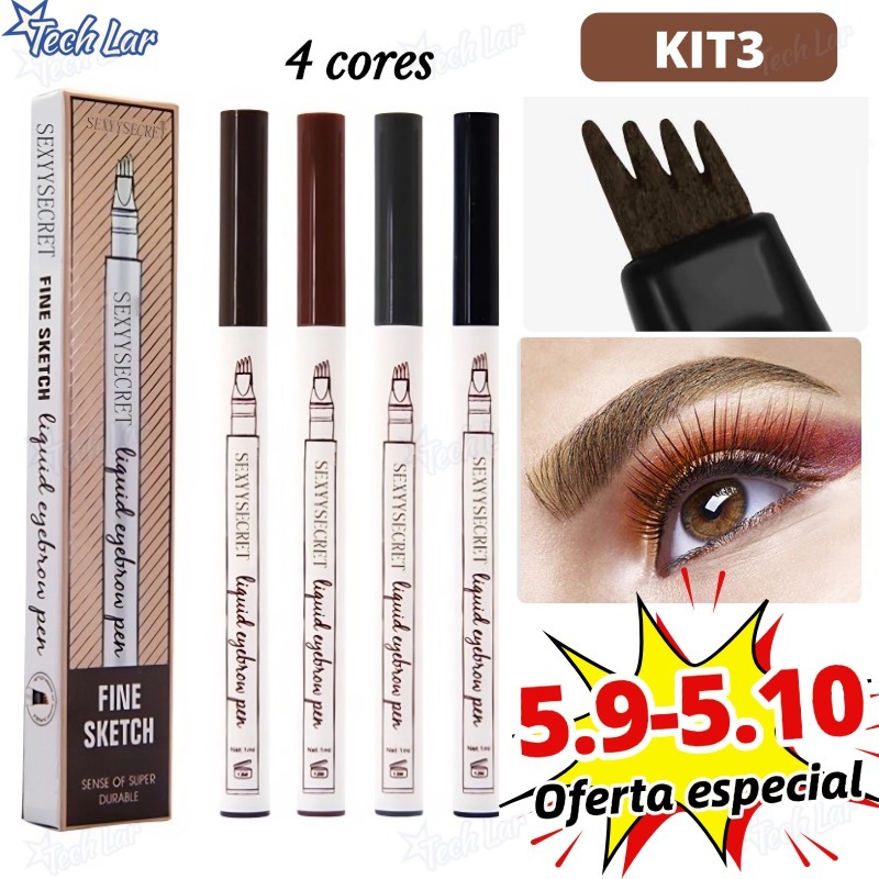 Kit 3 Caneta de sobrancelha Henna Microblading Fio a Fio À Prova D'Água Lápis com 4 Pontas
