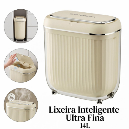 Lixeira Inteligente Fina 14L - Sensor Automático sem Toque para Cozinha e Banheiro