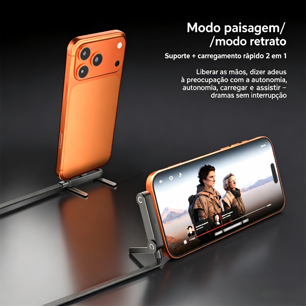 Cabo 2 em 1 240W Carregamento Rápido Suporte Dobrável Celular - Cabo Curvo 90° Tipo-C/Lightning Nylon Trançado PD