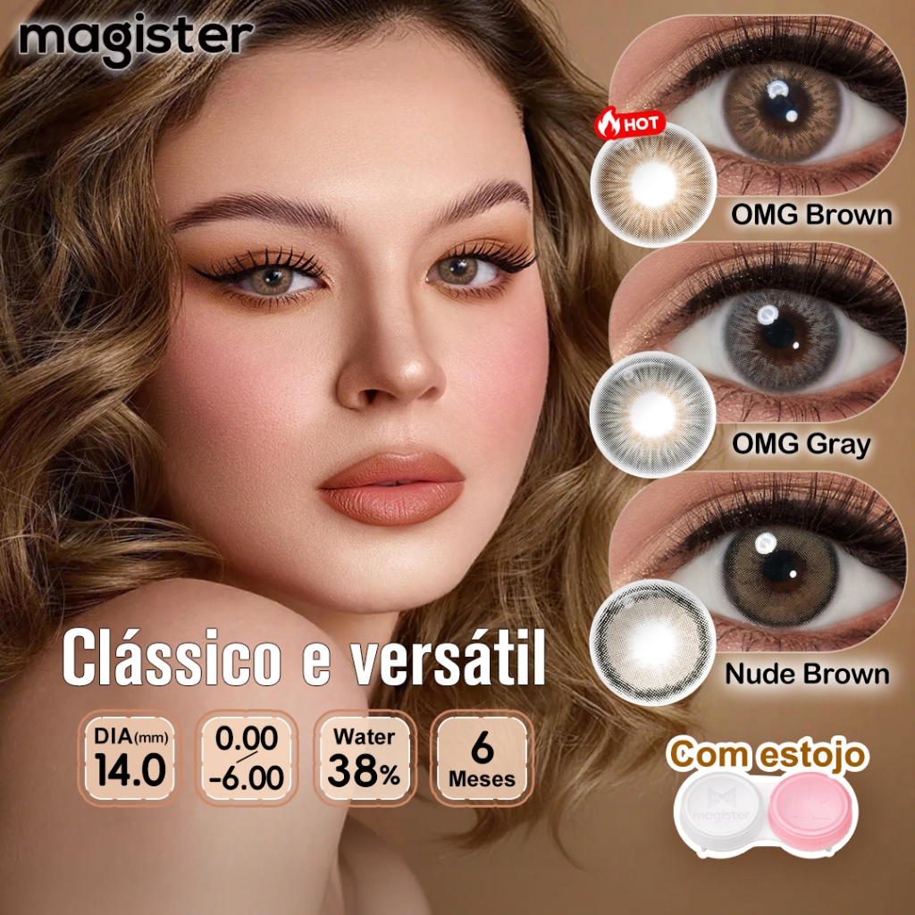 (P : 0.00/- 6.00) Magister Lente De Contato Colorida Com Grau 1 Par OMG Marrom/Cinza/Preto Com Estojo De Lentes 14.0mm