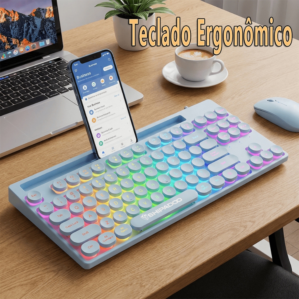 Teclado RGB Ergonômico Com Fio De 87 Teclas Suporte Para Telefone-Compacto Jogos E Escritório