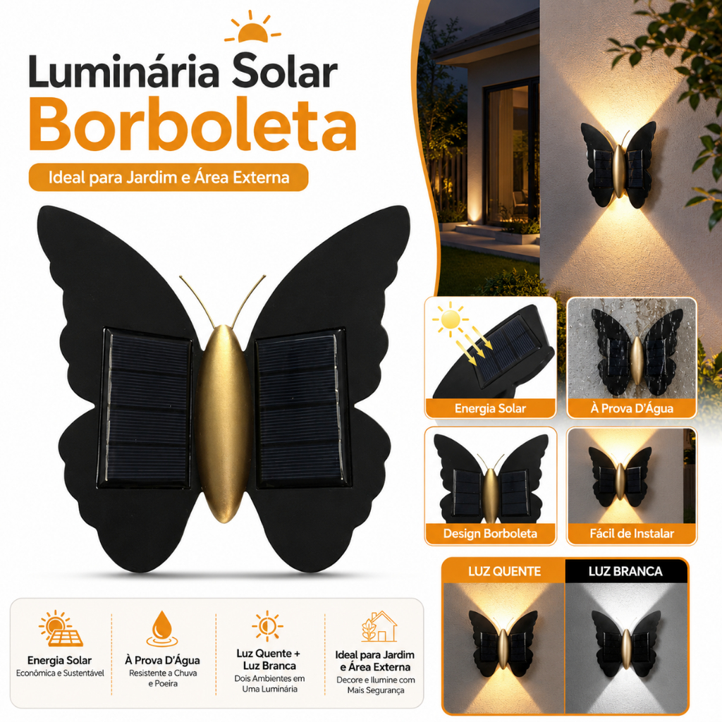 Lâmpada De Parede Solar Borboleta Para Exterior À Prova D'água LED 8W Luz Noturna Jardim Quintal cores quentes e branco
