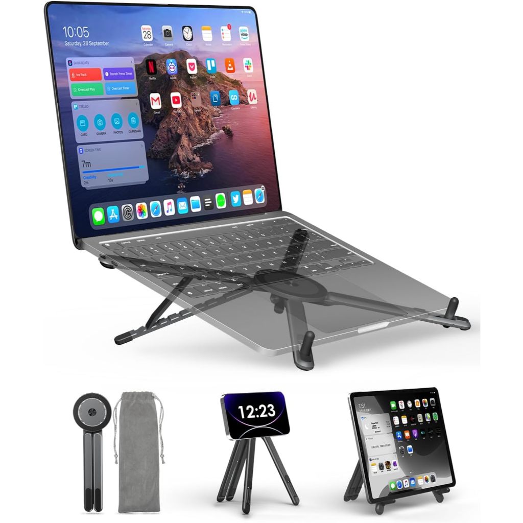 Novo Suporte Magnético 4 em 1 para Notebook Celular e Tablet Dobrável Ajustável Portátil em Alumínio