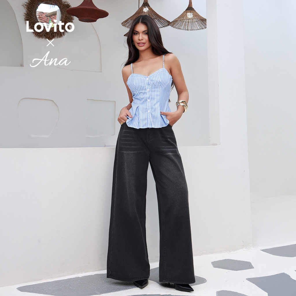 (Lovito x Ana) Jeans Casual Feminino com Lavagem Crua 102AD449