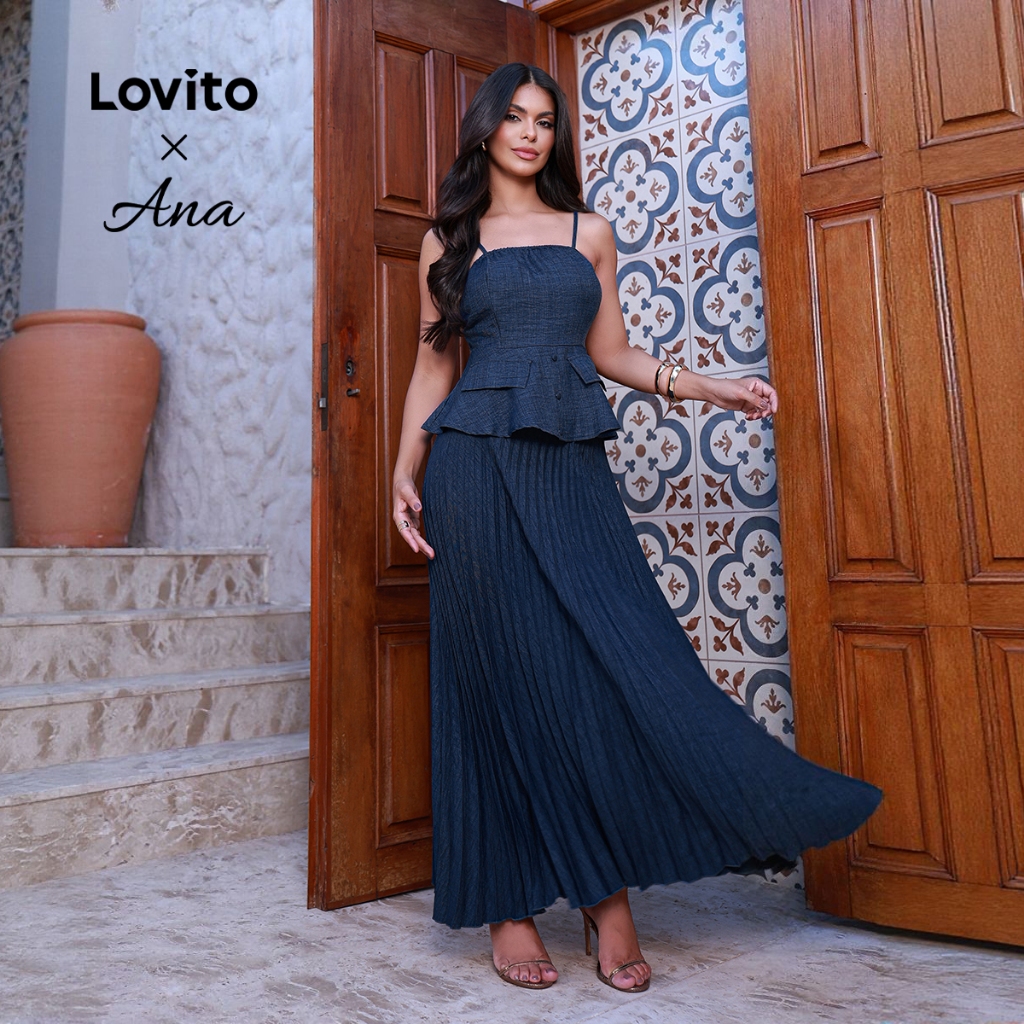 (Lovito x Ana) Elegante Blusas ou Calças com Pregas Botões para a Primavera/verã
