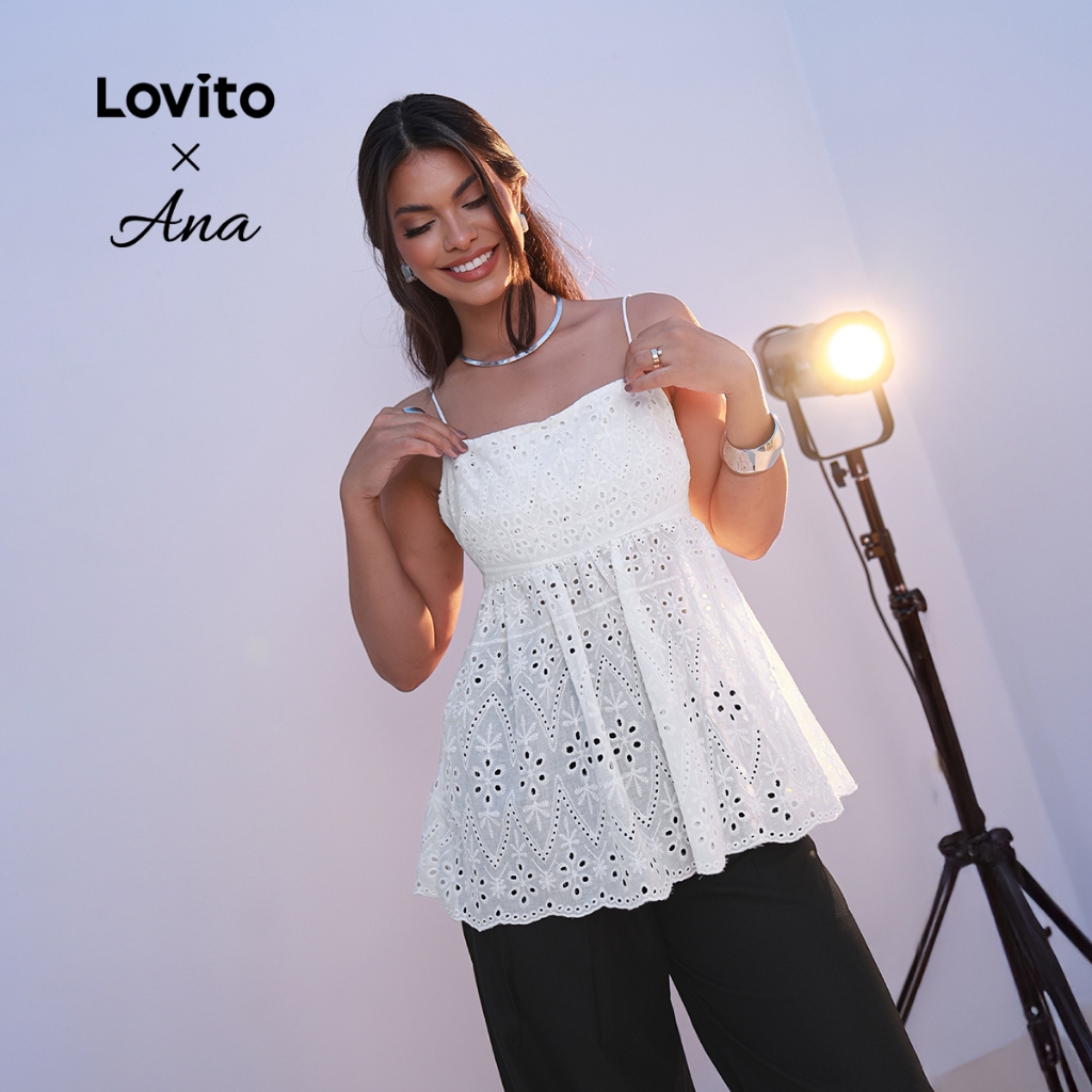 (Lovito x Ana) Top Férias Feminino Regata Com Ilhós Bordado Liso E Babado Para V