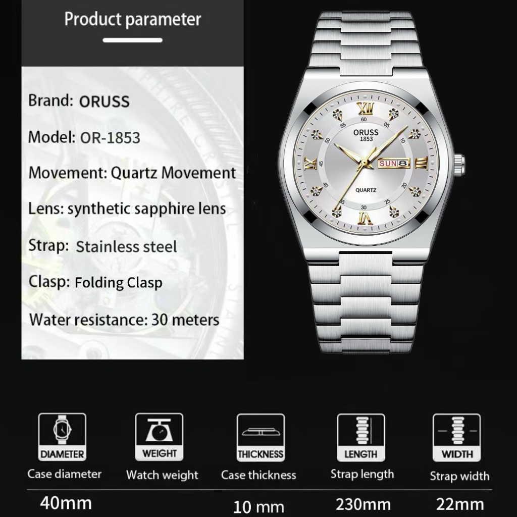 ORUSS Original Masculino Luxo Aço Inoxidável Calendário Duplo Luminoso Relógio À Prova D 'Água Negócios Moda Versão Core · foto 2
