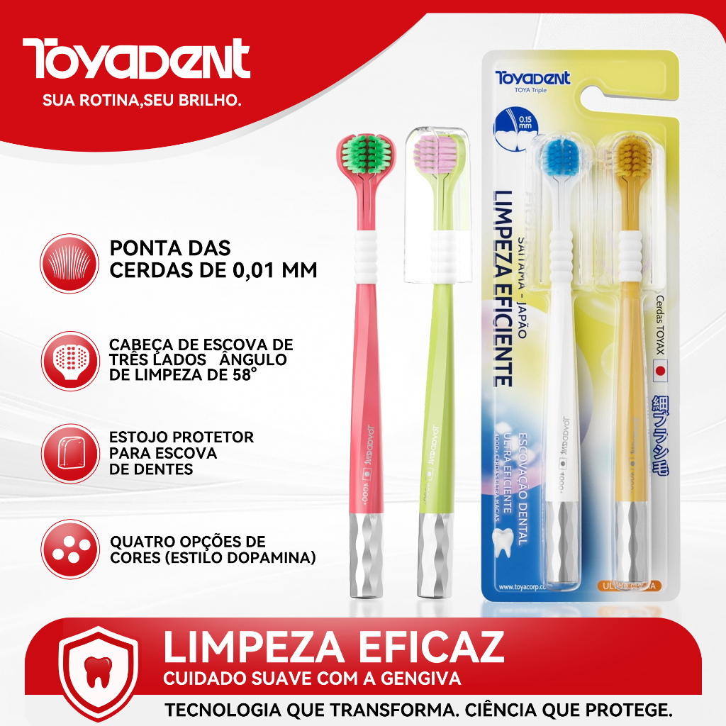 ToyaDent Kit Escova de Dente, 2 Unidades, Design de 3 Lados, 4 Cores