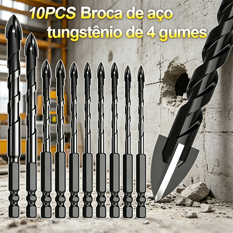 Kit 10 Brocas Triangulares de Carboneto Titânio Profissionais 3/16 a 1/2 Fura Tudo