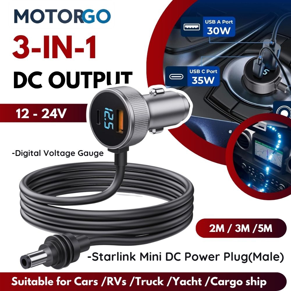 Cabo Carregador De Carro 3 Em 1 12V-24V Para Starlink Mini , De Alimentação À Prova D'água DC5521 Com Voltímetro Digital