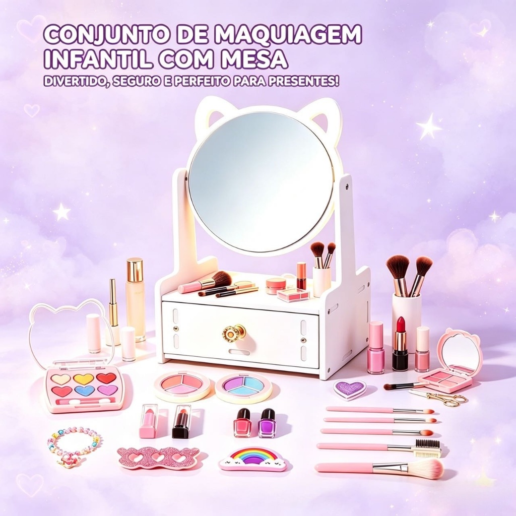Conjunto De Maquiagem Infantil Com Espelho De Gato E Kit Completo