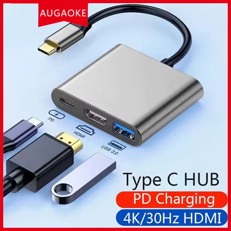 Adaptador três em um HUB tipo C com 4K HDMI, porta de carregamento USB 3.0 e PD, adequado para Smartphones, Laptops, com