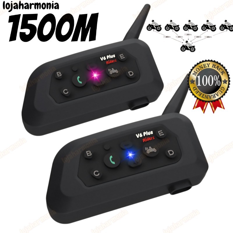 V6 PLUS Intercomunicador Mais Fone De Ouvido De Capacete De Motocicleta Bluetooth Com Interfone BT De 1500M.Para 6 Pilot