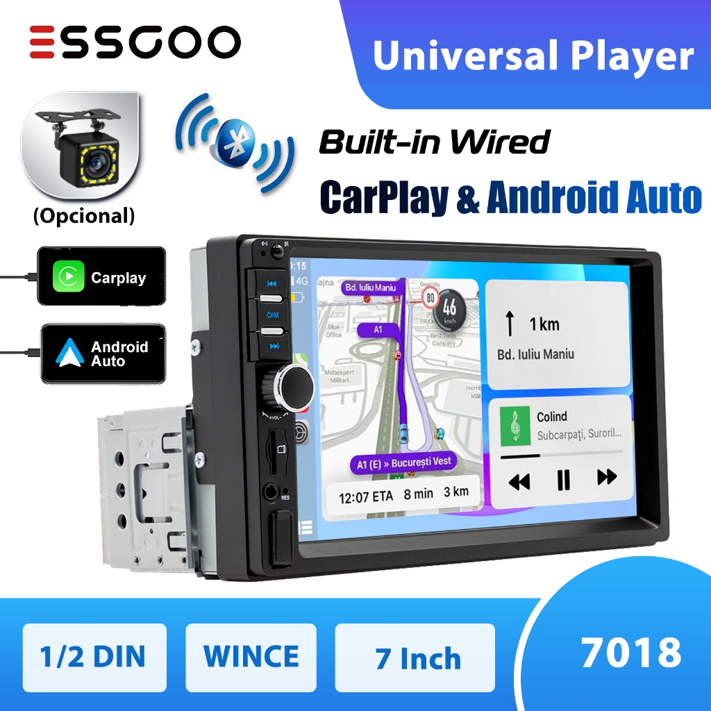 ESSGOO Rádio Para Carro 1/2Din Universal 7 Polegadas HD Car MP5 Multimedia Player Touch Screen CarPlay com fio e Auto