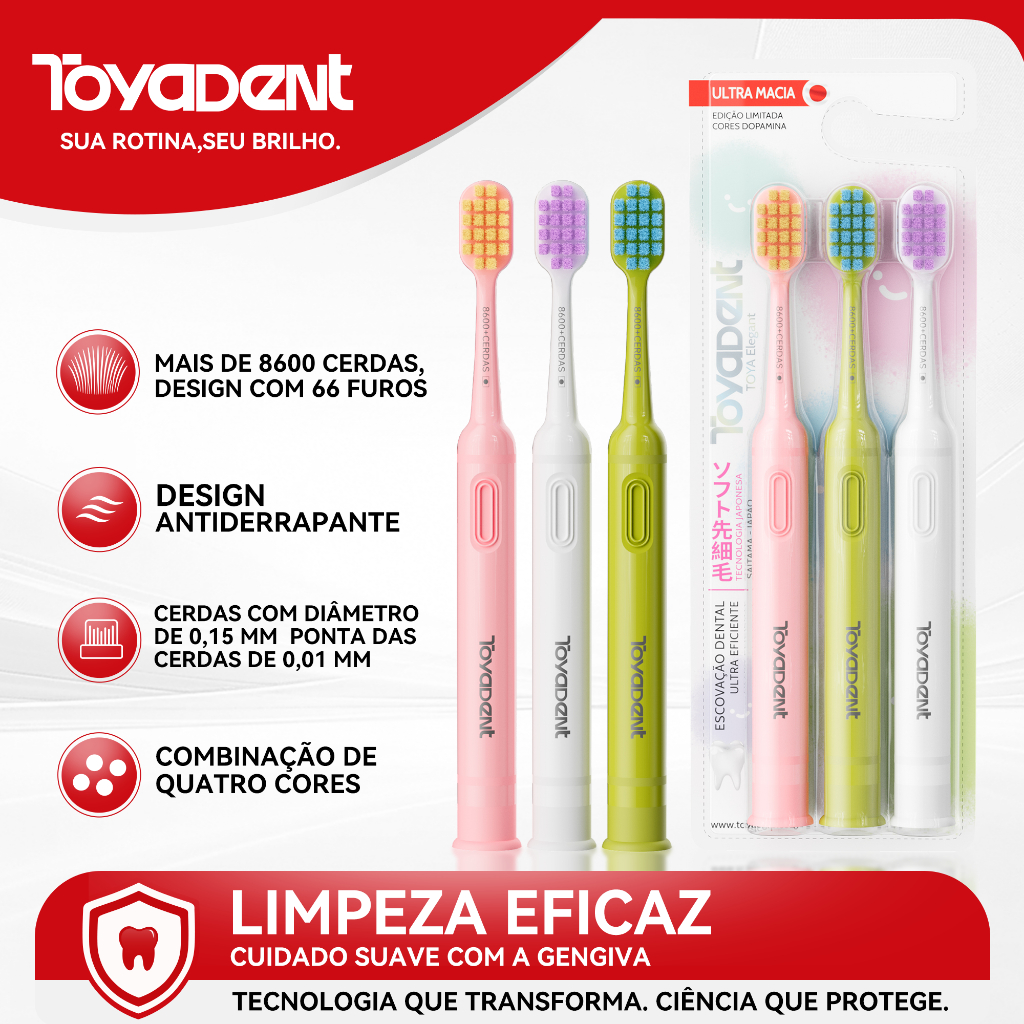 ToyaDent Kit Escova de Dentes para Adultos, 3 Cores, Cerdas Macias de 0.15 mm+Base Ventosa