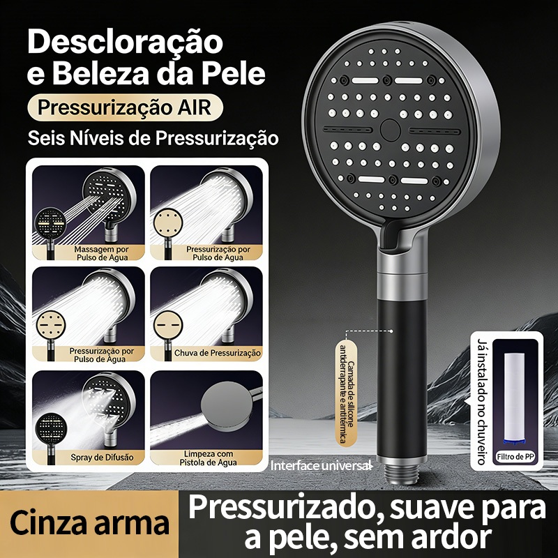 Chuveiro E Ducha Manual De Parede Com Kit Completo Cor 6 modos arma cinza