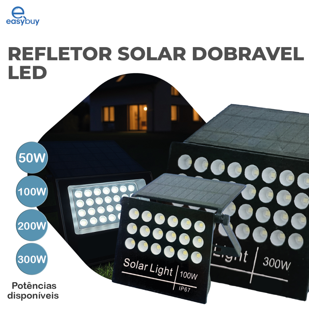Refletor Solar Led 300w Placa Solar A Prova Dágua Ajustável Dobrável Luz Fria | 50W 100W 200W 300W