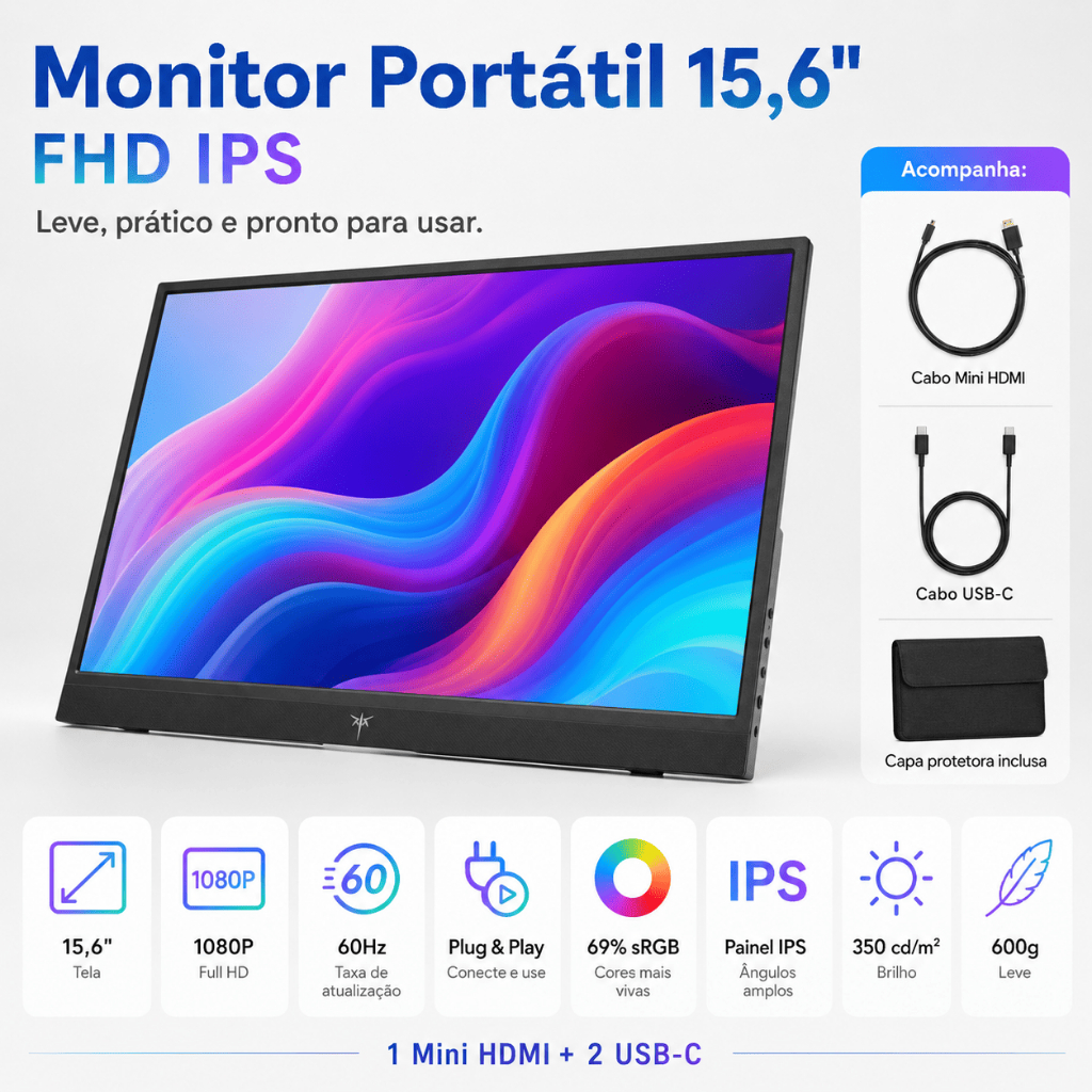 Monitor Portátil 15,6 Polegadas FHD IPS 1920x1080 Tela Extra para Notebook PC Celular PS5 Xbox Switc