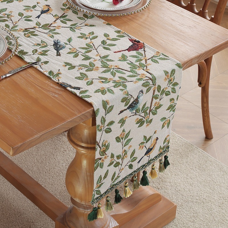 caminho de mesa jacquard vintage floral pássaros franjas coloridas artesanais