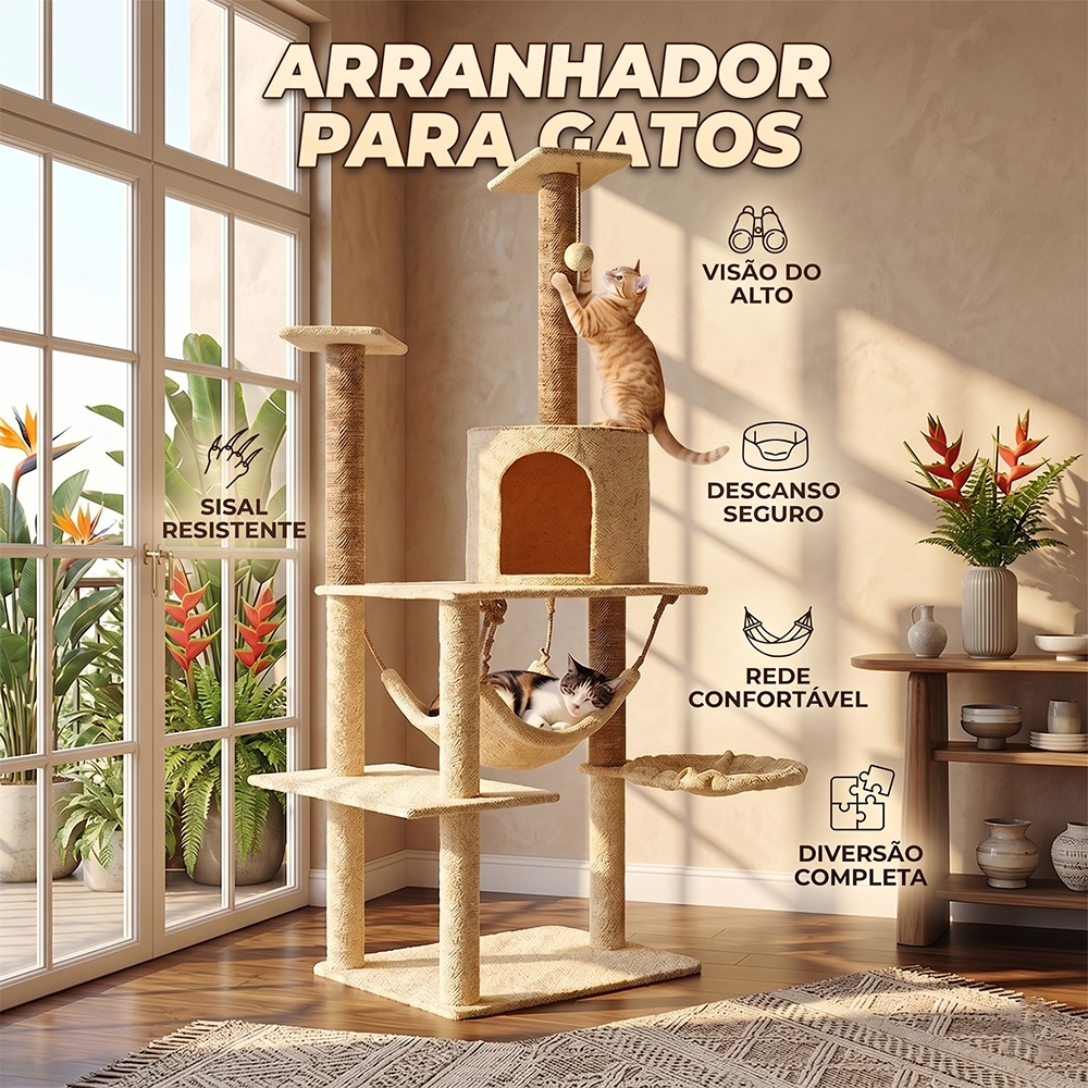 Torre Arranhador Para Gatos Grande Com Casinha Rede E Poste Sisal Natural Playground Pet Estável Multinível 135cm