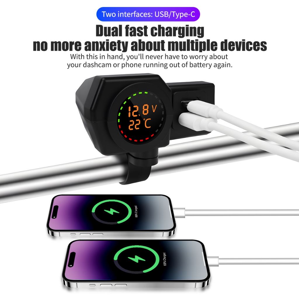 KEVANLY 1 unidade Carregador para motocicleta USB+Type-C com voltímetro redondo, suporte de guidão/espelho — imagem 2 de 2
