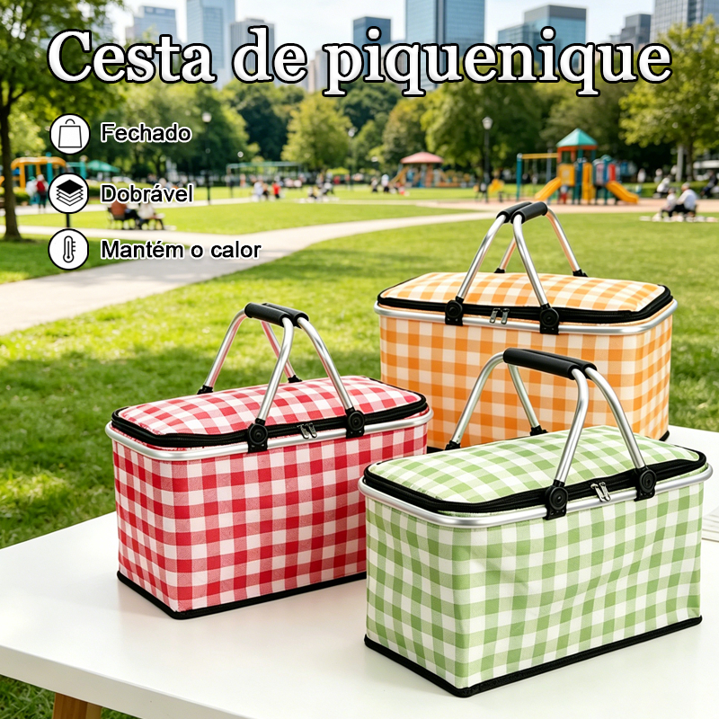Cesta de Piquenique Dobrável Térmica Impermeável, Retrátil para Praia Camping Mantém Alimentos Quentes e Frios