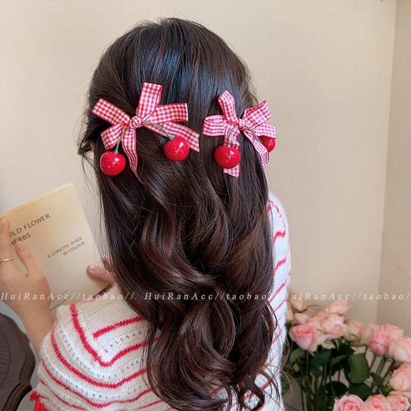 Simulação cereja grampo de cabelo feminino acessórios de cabelo franja cabelo quebrado clipe lateral bonito cocar clipe