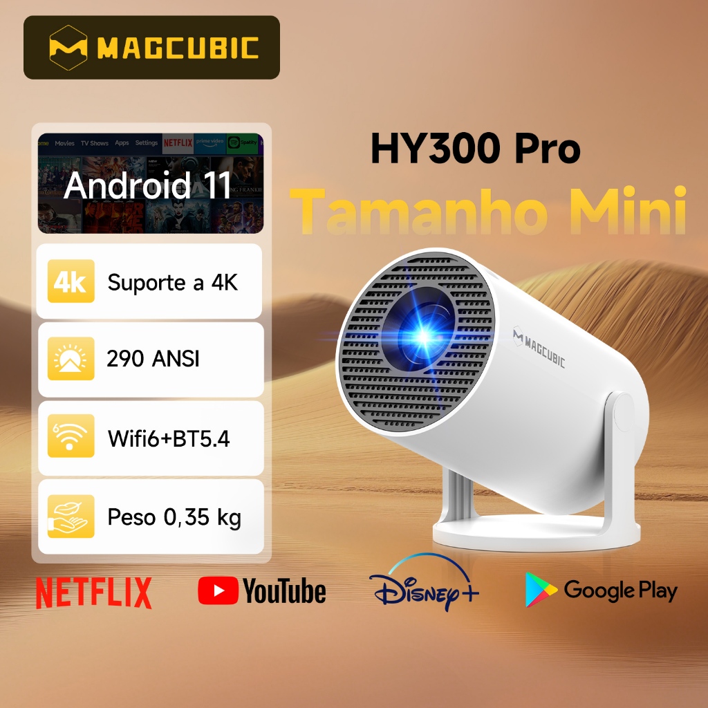 Mini Projetor Magcubic HY300PRO Original Portátil Smart Android 11 WiFi 6 Bluetooth 5.4 4K Ultra HD HDMI