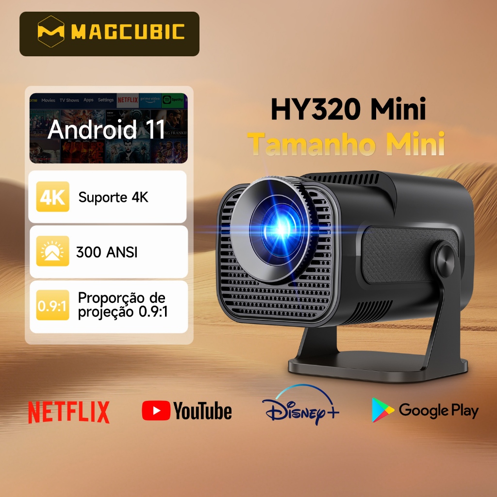 Projetor Magcubic HY320MINI Portátil 4K Ultra HD 300 ANSI Smart Android 11 Nativo 720p Bluetooth WiFi HDMI