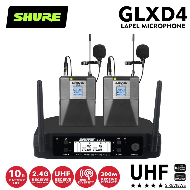 SHURE GLXD4-V2-LAPEL Microfone de lapela sem fio portátil, bolsa de cintura dupla, UHF, qualidade de som de alta fidelid