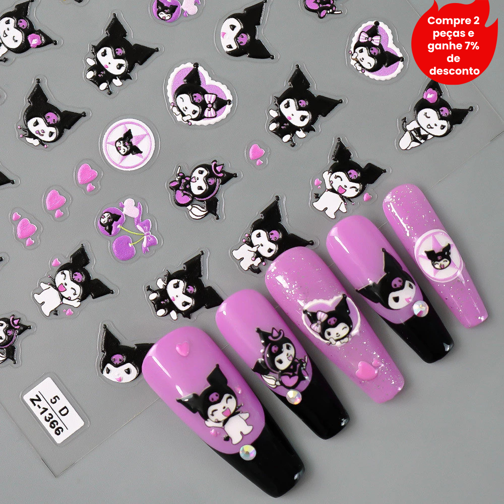 1 desenho animado Kuromi Manicure adesivo tridimensional decalque de unhas joias de flores