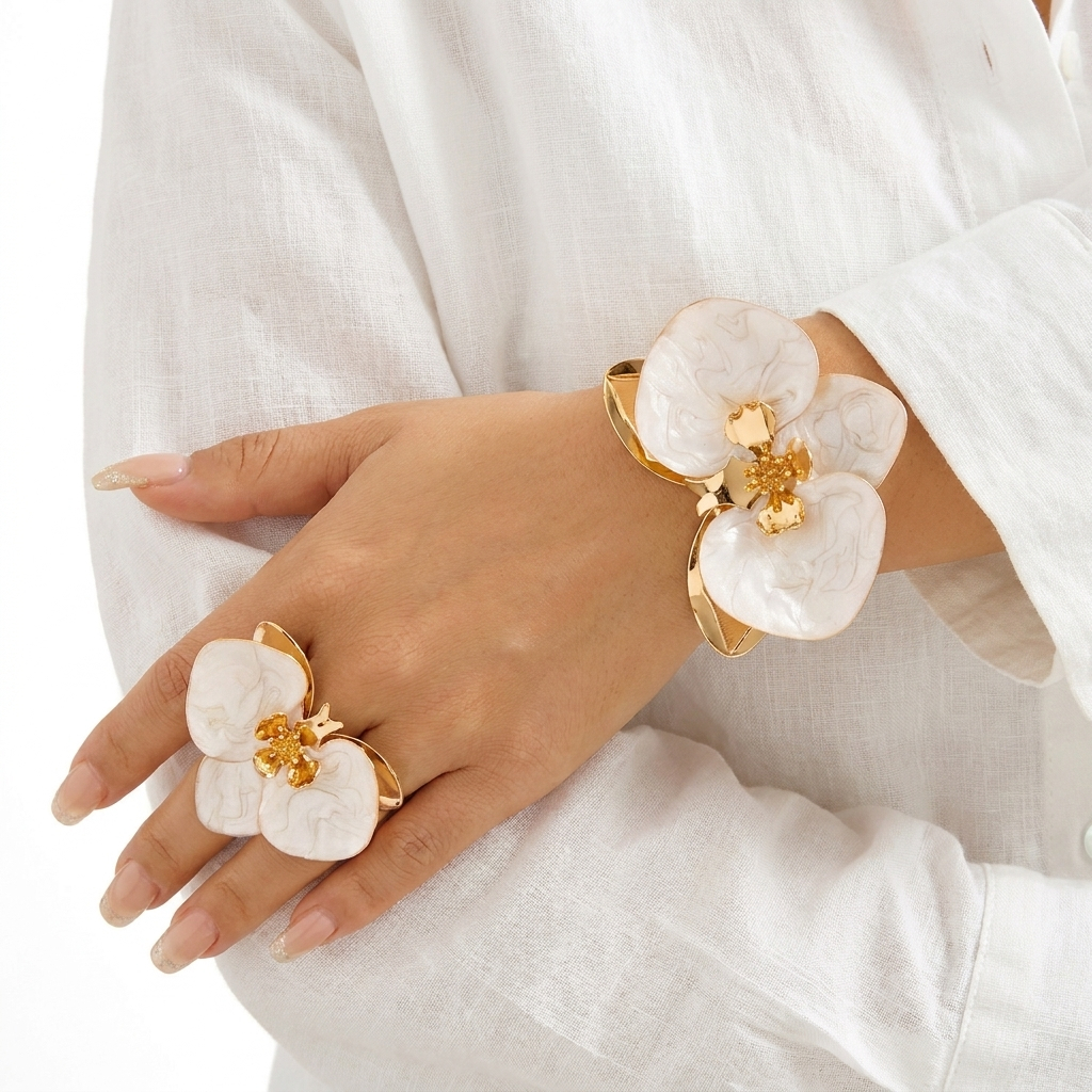 Moda Exagerada Verão Flor Pulseira Anel Conjunto Feminino Sorte Jóias Presente Do Feriado Acessórios