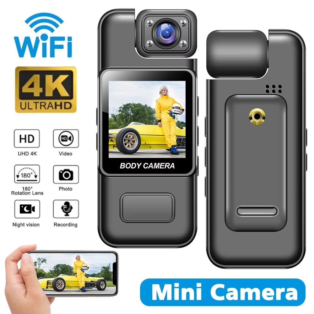 Câmera 4K Ultra HD Wifi Vídeo Digital Mini Gravador Portátil De Aplicação Da Lei 180 ° Giratória Para Esportes Ao Ar Liv