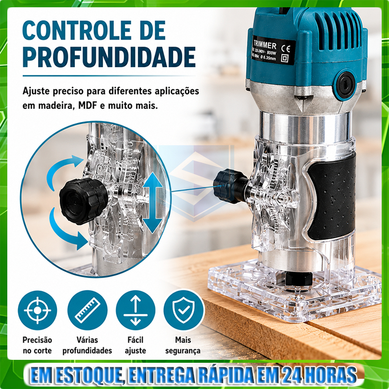 Tupia Laminadora Elétrica 800W Compacta Profissional para Madeira MDF Acrílico com Base Transparente