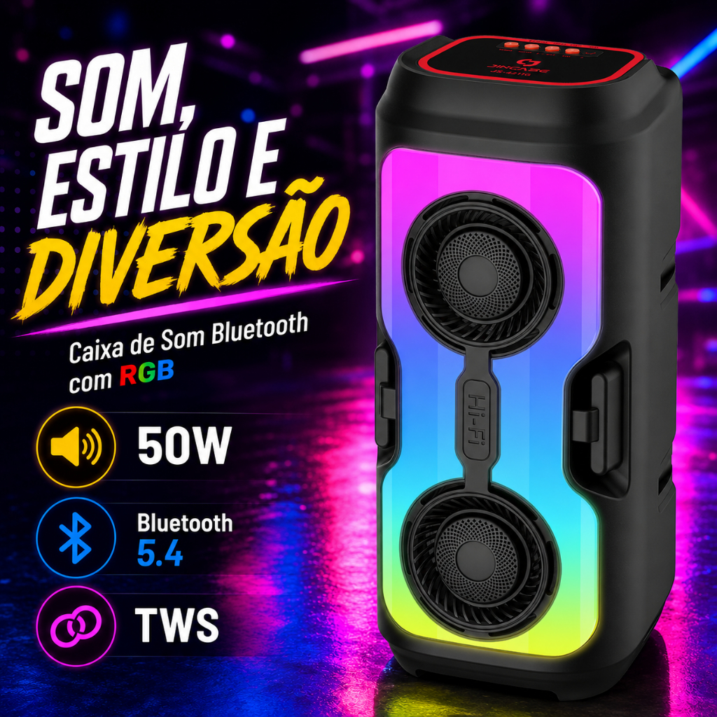 Caixa de Som Bluetooth 50W De Alta potência com Luz RGB e Alça Portátil Alto Falante Stereo Bateria 1500mAh