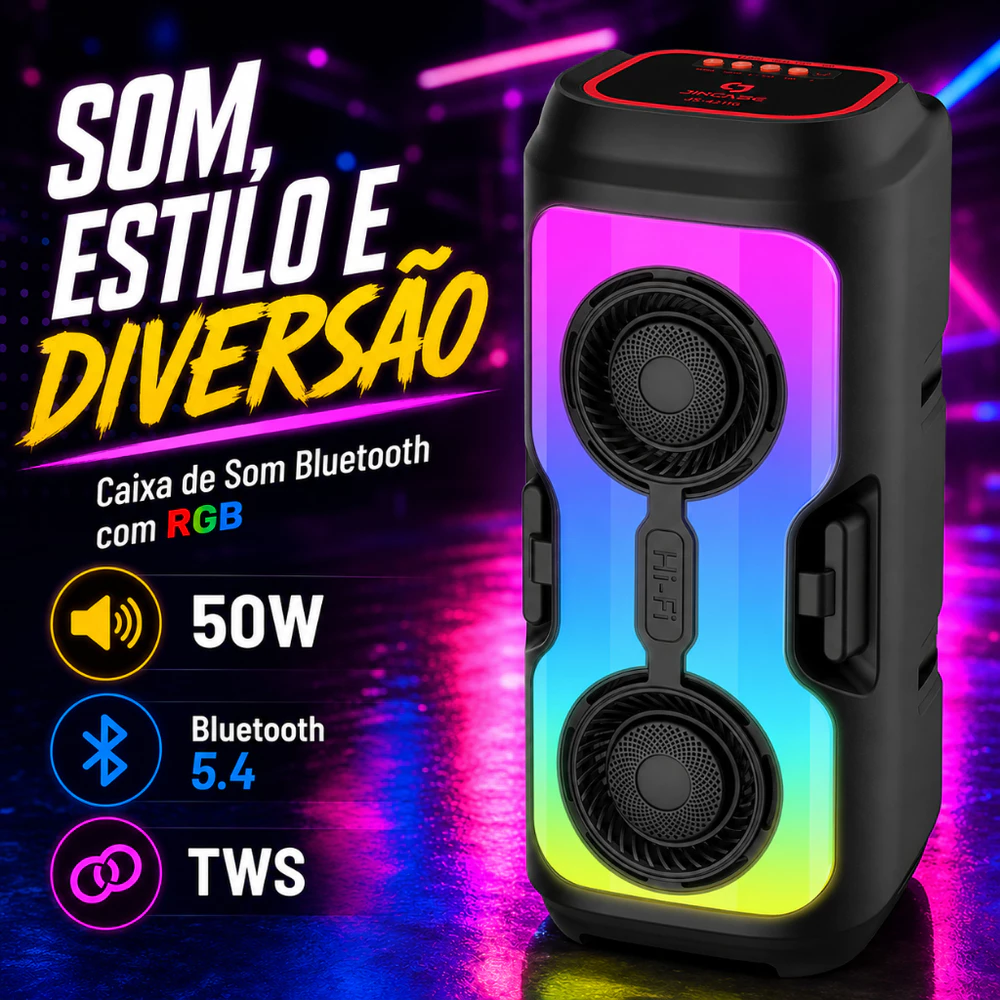 Caixa de Som Bluetooth 50W De Alta potência com Luz RGB e Alça Portátil - Alto Falante Stereo com Bateria 1500mAh