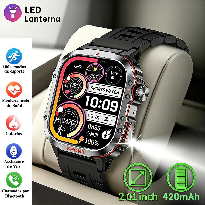 Smartwatch Masculino Esportivo H08 Tela HD 30 Dias Bateria Lanterna LED SpO2 Batimentos Caixa Metálica 1ATM Frete Grátis