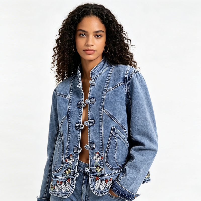 Jaqueta de Jeans Nova para Mulheres, Primavera e Outono, Jaqueta Curta Versátil Estilo Chinês Retrô Bordada, Jaqueta Str