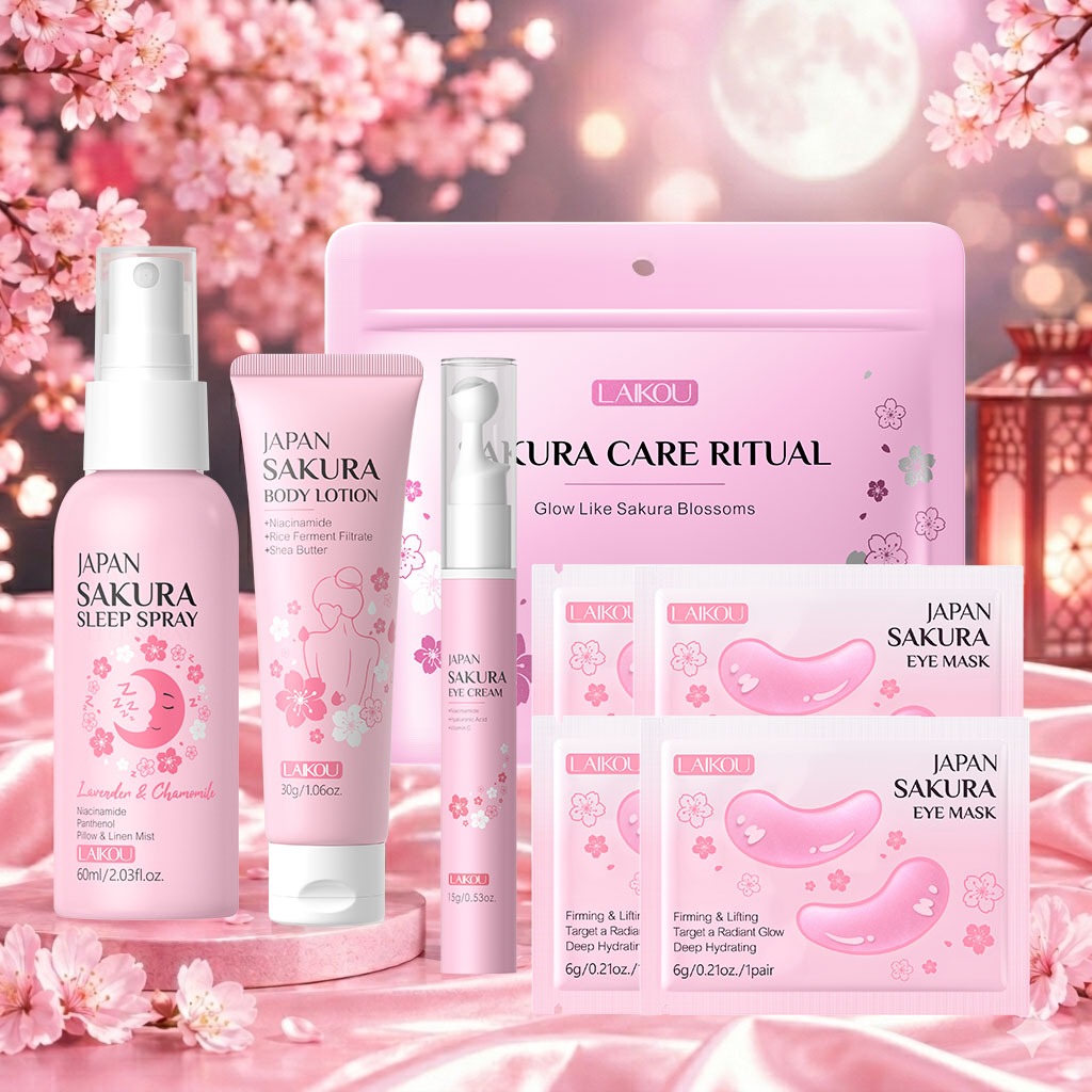 LAIKOU Sakura Eye Care & Relax Kit-Creme Roll-on Para Os Olhos + Máscara Iluminadora Spray Dormir E Loção Corporal | Con