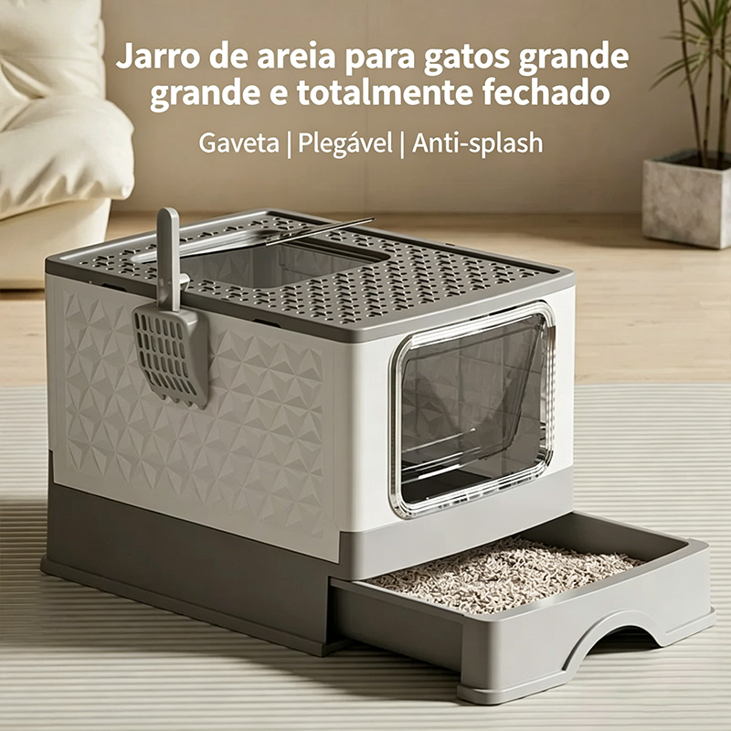 Caixa de Areia Extragrande para Gatos, Totalmente Fechada – Dobrável e à Prova de Respigos