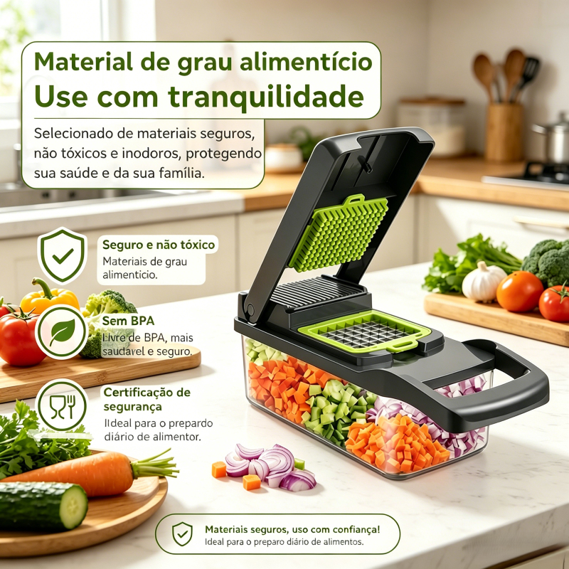 Cortador de Legumes Multifuncional 16 em 1 Aço Inoxidável Inclui Recipiente Coletor Ideal para Fatiar Ralar e Cortar