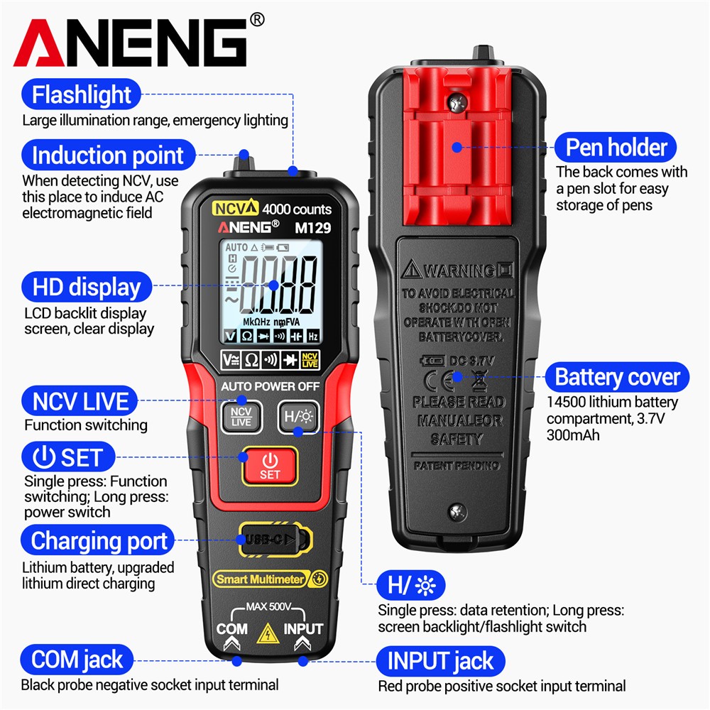 One Piece ANENG M129 Multímetro Digital recarregável 4000 contagens NCV AC/DC Voltagem Resistência Testador com lanterna · foto 2