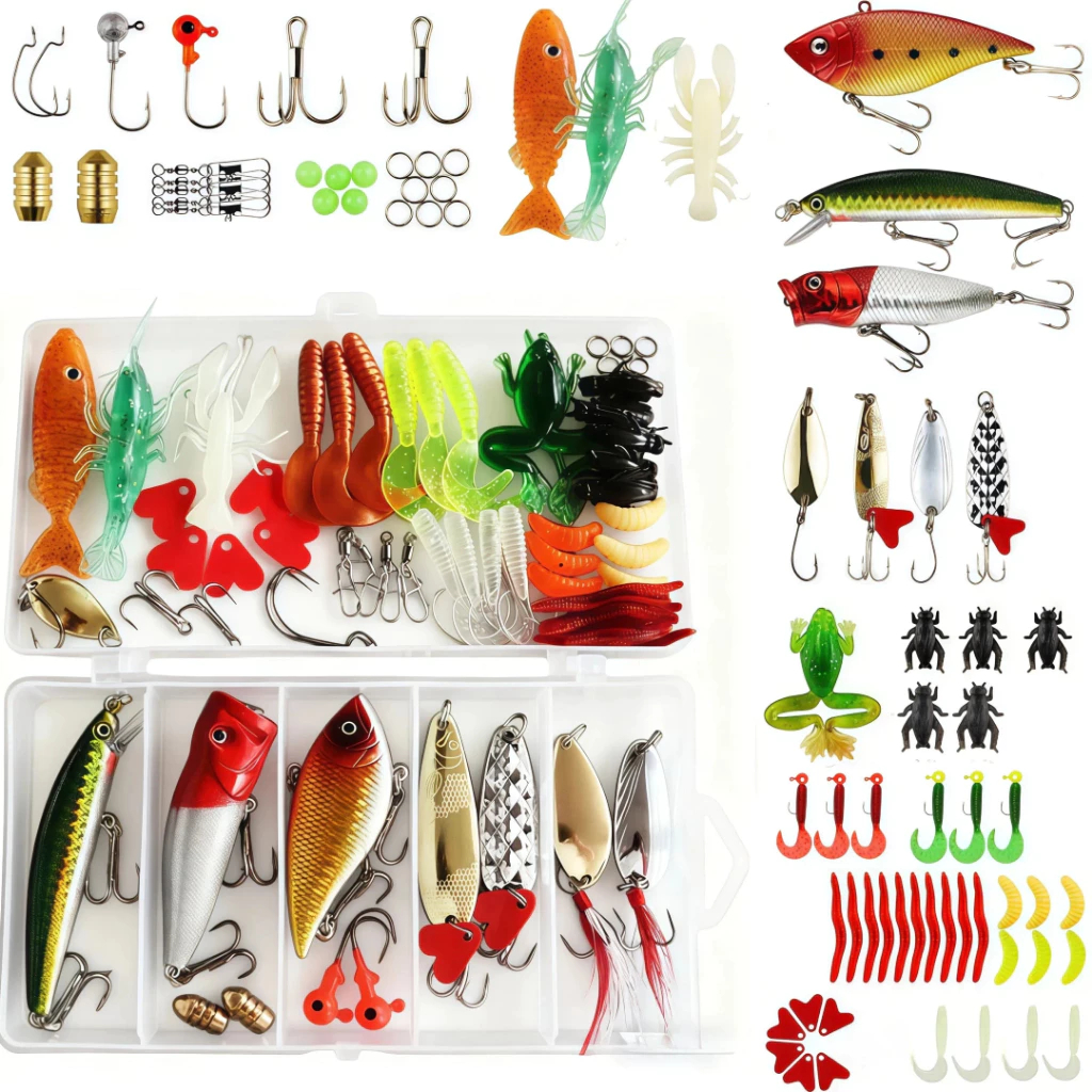 Kit 107 Iscas Artificiais Meia Água com Anzol Duplo  Iscas Realistas para Pesca de Truta e Peixes para Pesca Marítima