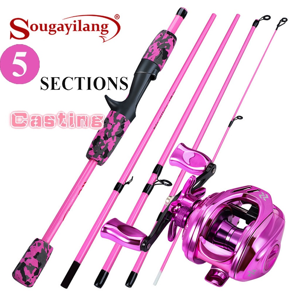 Combinação De Vara De Pesca Rosa Sougayilang : Giratória De 5 Seções + Carretel + Linha De Nylon Presente para Namorada