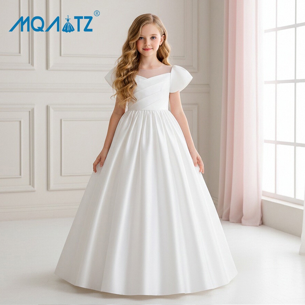 MQATZ Vestido De Noiva De Manga Curta Kids Dama De Honra Branco Para Meninas Satin Wedding 4-14 Anos LP-285