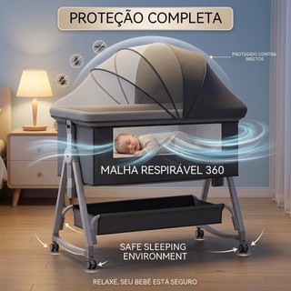 SOLARA BABY Berço Portátil Para Bebê Com Balanço , Rede Mosquiteira , Cesta De Armazenamento E Altura Ajustável