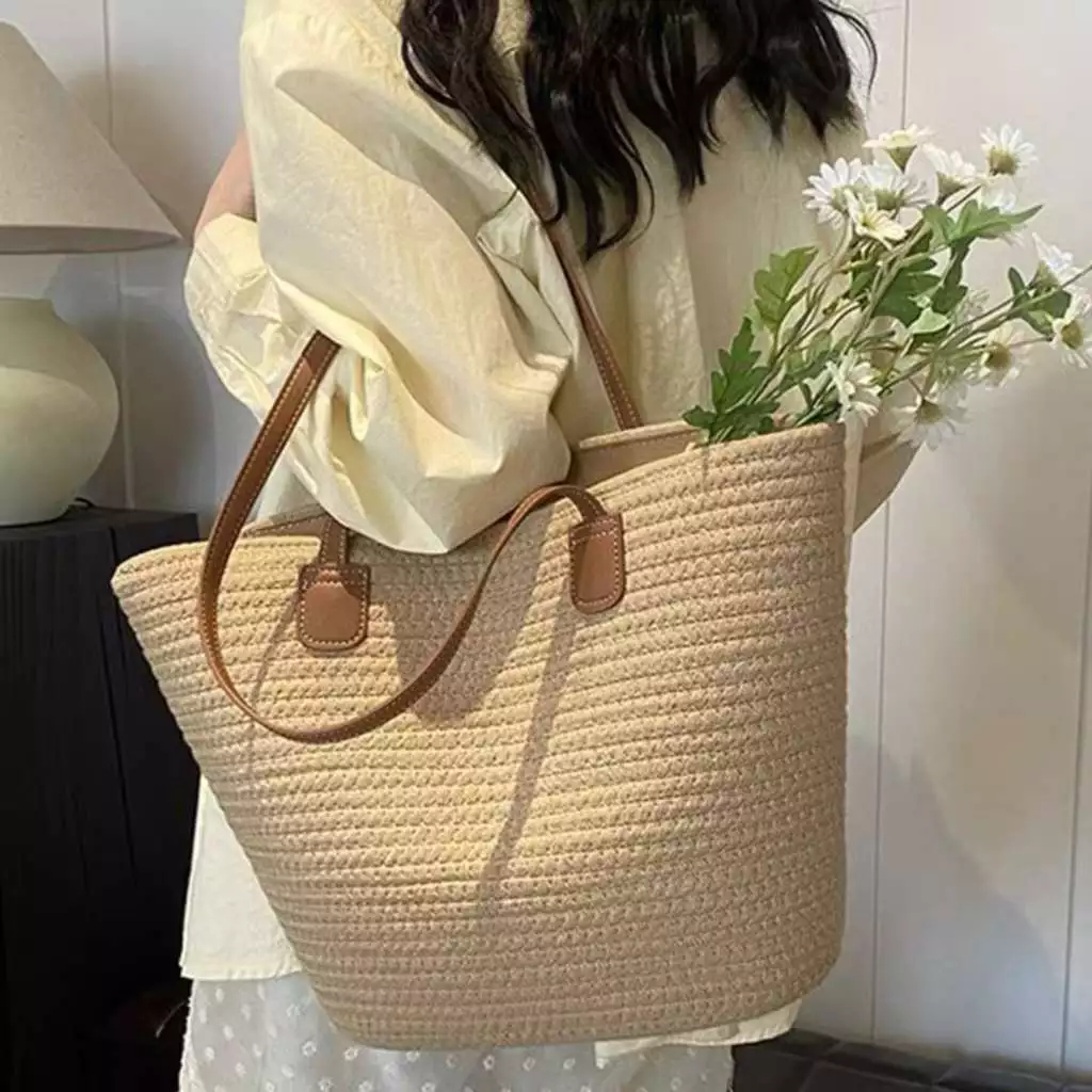 Bolsa de palha de grande praia portátil capacidade para férias casuais nova moda bolsa de ombro tecida Cáqui/Bege