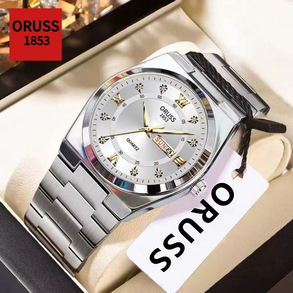 ORUSS Original Masculino Luxo Aço Inoxidável Calendário Duplo Luminoso Relógio À