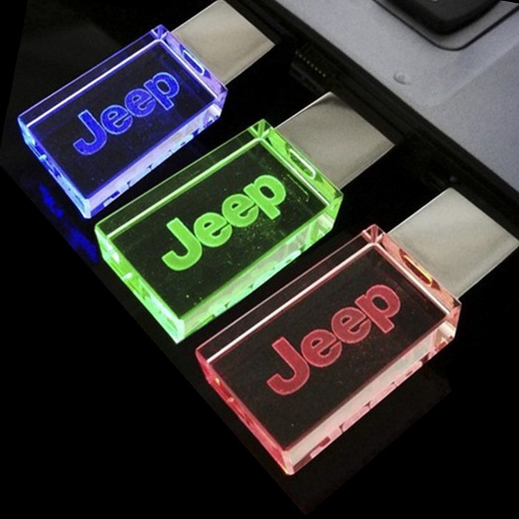 [Estoque pronto] Jeep Car Logo Cristal Vidro LED Luminoso U Disk 8GB/16GB/32GB/64GB Car USB Flash Drive